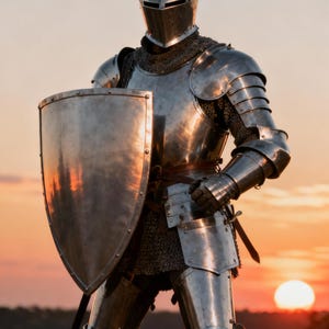 May include: A full suit of medieval armor, including a helmet, chest plate, and leg guards, is displayed. The shiny metal armor reflects the warm colors of the sunset. The knight is holding a shield and a sword is attached to the side.