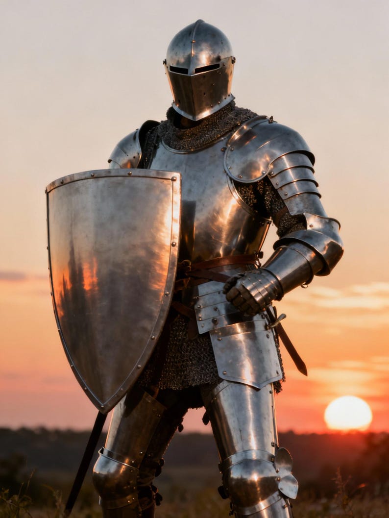 May include: A full suit of medieval armor, including a helmet, chest plate, and leg guards, is displayed. The shiny metal armor reflects the warm colors of the sunset. The knight is holding a shield and a sword is attached to the side.
