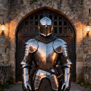 May include: A full suit of medieval armor, including a helmet, chest plate, and arm and leg protection. The polished metal reflects the light, and a sword is visible at the knight's side. The background features a stone castle entrance.