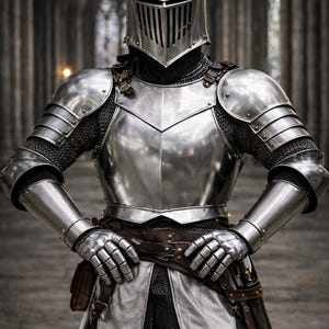 May include: A full suit of medieval armor, including a helmet with a visor, shoulder plates, and gauntlets. The armor is silver-colored and appears to be made of metal. A brown leather belt is worn around the waist. The background is a stone building.