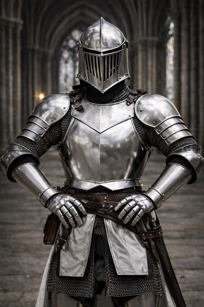 May include: A full suit of medieval armor, including a helmet with a visor, shoulder plates, and gauntlets. The armor is silver-colored and appears to be made of metal. A brown leather belt is worn around the waist. The background is a stone building.