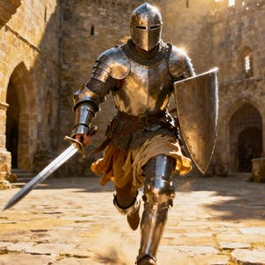 May include: A knight in full plate armor, including a helmet, shield, and sword, runs toward the viewer. The armor is reflective, and the background shows a stone castle with arched doorways and a bright sky.