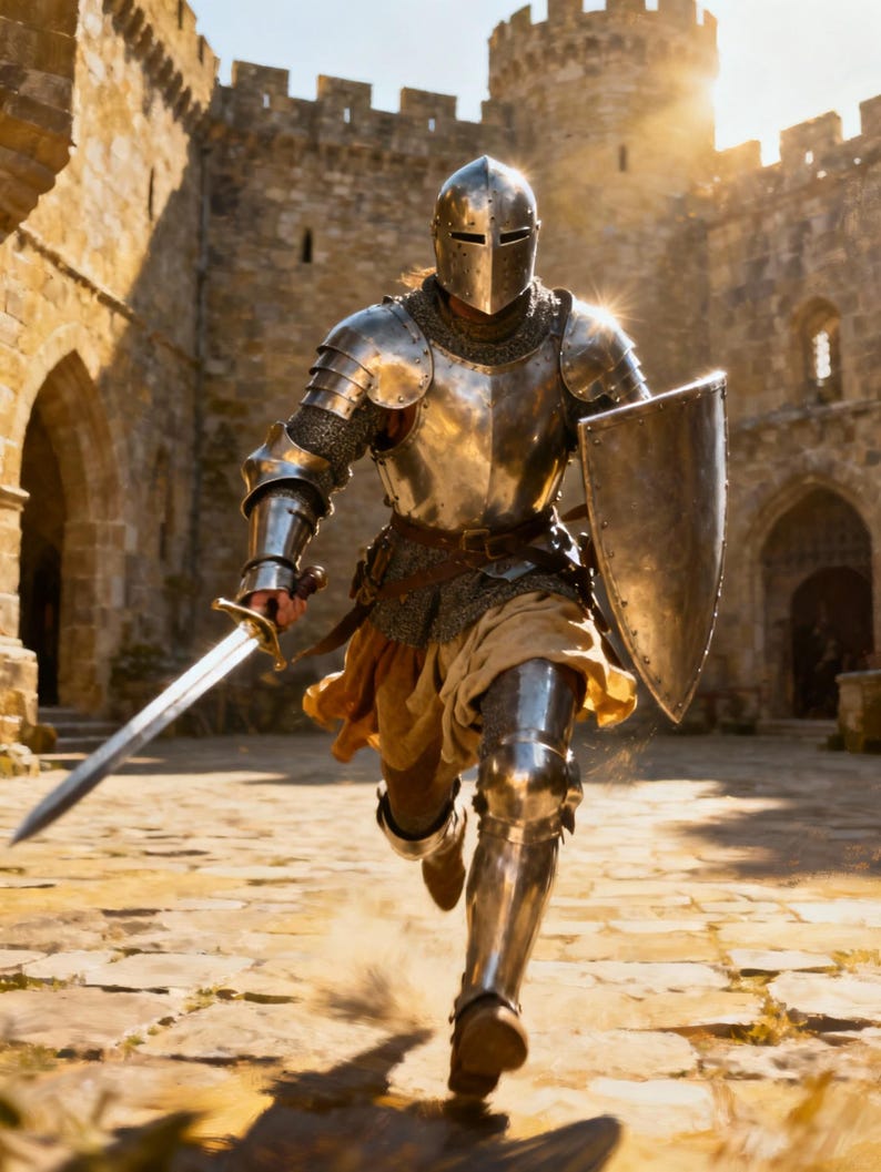 May include: A knight in full plate armor, including a helmet, shield, and sword, runs toward the viewer. The armor is reflective, and the background shows a stone castle with arched doorways and a bright sky.