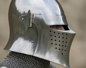 Medieval Steel Bascinet Helmet with Visor | Hand-Forged Knight Helmet | LARP, Cosplay & Reenactment Armor | Chainmail Aventail
