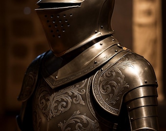 May include: A detailed shot of a medieval knight's armor. The metallic armor is intricately designed with embossed floral patterns. The helmet features a visor with small holes for vision. The armor is a dark, reflective metal.
