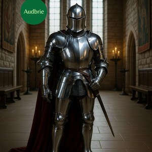 May include: A full suit of polished steel armor with a helmet, cape, and sword. The armor is displayed in a stone hall with arched windows and a green circle with the text "Audbrie".