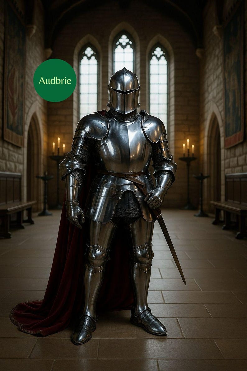 May include: A full suit of polished steel armor with a helmet, cape, and sword. The armor is displayed in a stone hall with arched windows and a green circle with the text "Audbrie".