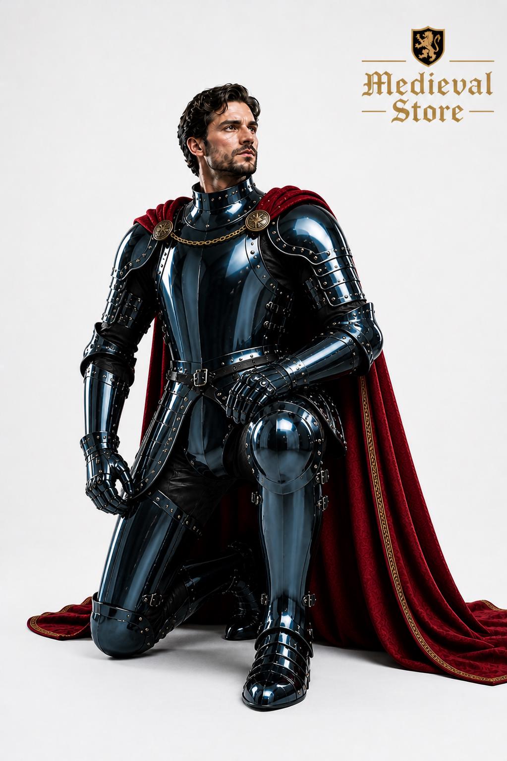 Medieval Black Knight Armor Suit With Red Cape | Full Gothic Plate ...