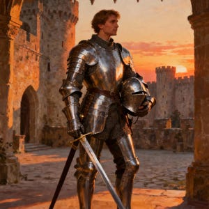 May include: A knight in full plate armor stands holding a helmet and sword, set against a castle backdrop at sunset. The polished steel armor reflects the warm hues of the sky, creating a dramatic scene.