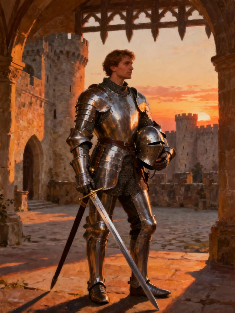 May include: A knight in full plate armor stands holding a helmet and sword, set against a castle backdrop at sunset. The polished steel armor reflects the warm hues of the sky, creating a dramatic scene.