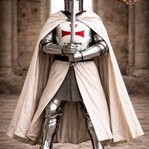 May include: A full-body shot of a knight in shining armor, holding a sword. The knight wears a white cape and a helmet. The armor has a red cross on the chest. The background is a stone building. The logo "Gothic Medieval Mart" is in the upper right corner.