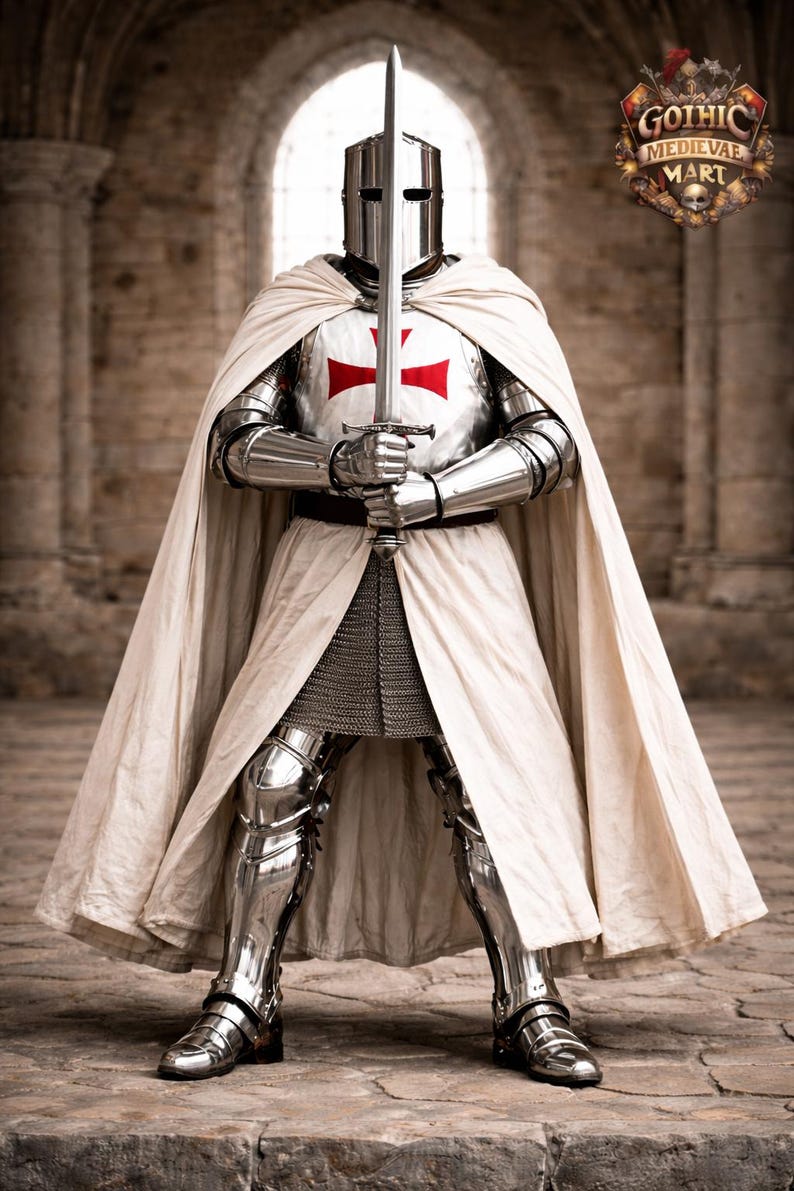 May include: A full-body shot of a knight in shining armor, holding a sword. The knight wears a white cape and a helmet. The armor has a red cross on the chest. The background is a stone building. The logo "Gothic Medieval Mart" is in the upper right corner.
