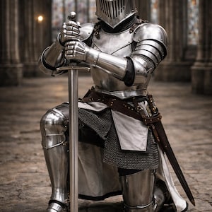 May include: A full suit of medieval knight armor, including a helmet, chest plate, and leg guards. The knight kneels, holding a sword with both hands. The armor is silver and reflects the light. The scene is set in a stone hall.