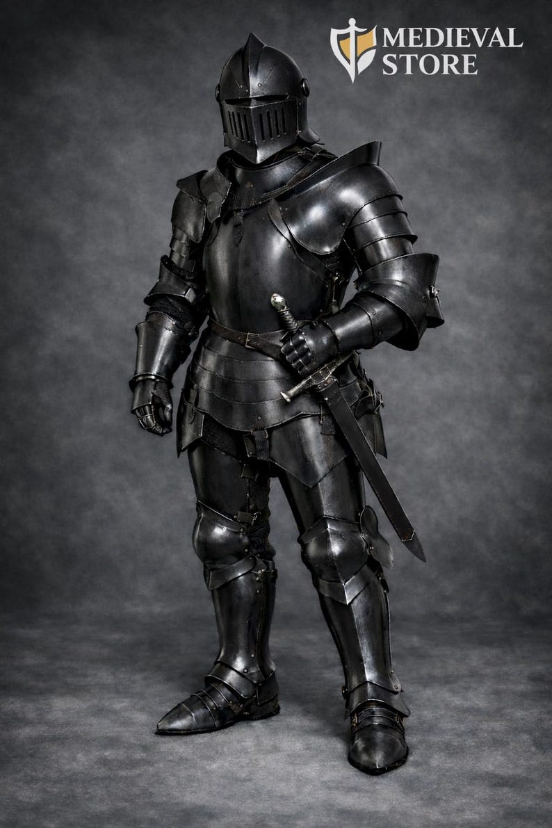 Black Knight Full Plate Armor Suit – Medieval Gothic Steel Armor – Wearable Knight Costume – LARP & Display Armor image 1