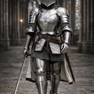 May include: A full suit of polished steel armor, including a helmet, chest plate, and leg guards. The armor is worn over chainmail. A sword is held in the right hand. The background is a stone corridor.
