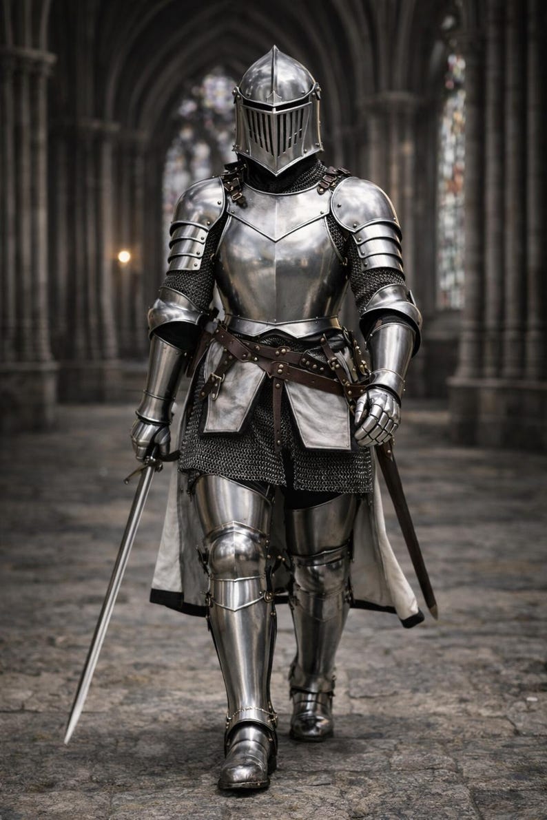 May include: A full suit of polished steel armor, including a helmet, chest plate, and leg guards. The armor is worn over chainmail. A sword is held in the right hand. The background is a stone corridor.