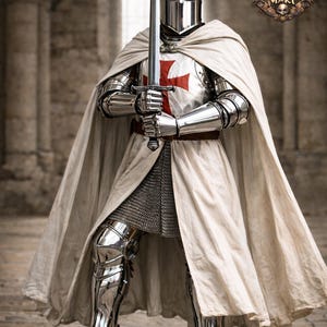 May include: A knight in full plate armor, holding a sword. The armor is highly polished, reflecting the light. A white cape is draped over the shoulders. The knight's chest displays a red cross. The image includes the "Gothic Medieval Mart" logo.