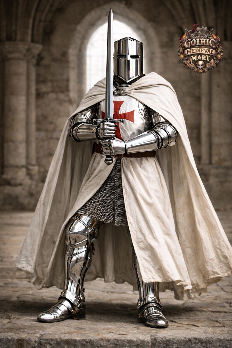 May include: A knight in full plate armor, holding a sword. The armor is highly polished, reflecting the light. A white cape is draped over the shoulders. The knight's chest displays a red cross. The image includes the "Gothic Medieval Mart" logo.