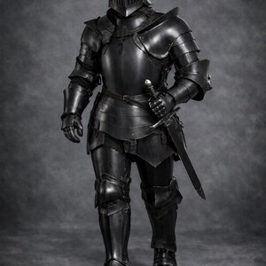 May include: Full shot of a black medieval knight's armor, including a helmet, chest plate, and leg protection. The armor is highly detailed and includes a sword. The Medieval Store logo is visible in the top right corner.