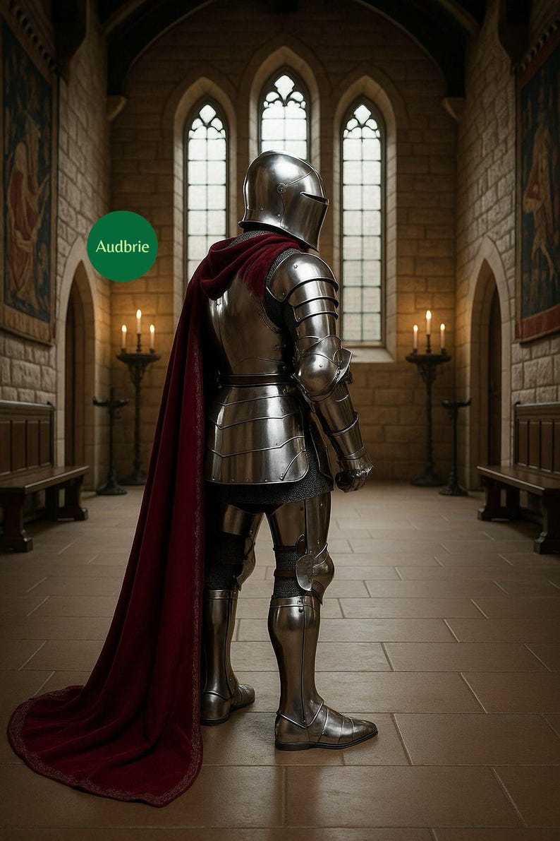 May include: A full suit of polished steel armor with a burgundy cape. The knight stands in a stone hall with arched windows and candlelit sconces. The word "Audbrie" is in a green circle.