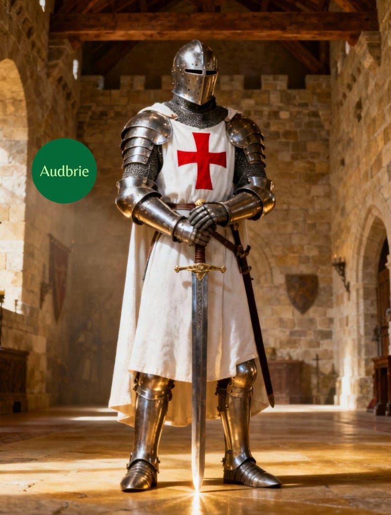 May include: A full suit of medieval knight armor, including a helmet, chainmail, and metal plating. The white tunic features a large red cross. A long sword is held upright. The word "Audbrie" is in a green circle.