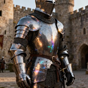 May include: A full suit of polished steel armor, including a helmet, chest plate, and gauntlets. The armor is worn over chainmail and a leather belt. A sword hangs at the side. The background features a stone castle.