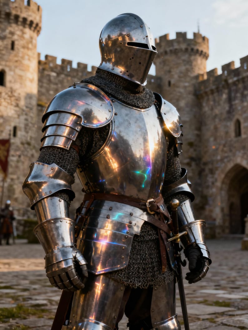 May include: A full suit of polished steel armor, including a helmet, chest plate, and gauntlets. The armor is worn over chainmail and a leather belt. A sword hangs at the side. The background features a stone castle.