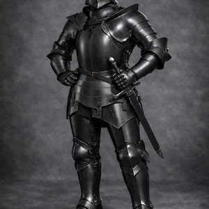 May include: Full suit of black medieval armor, including a helmet, chest plate, and leg guards. A sword is held at the side. The Medieval Store logo is visible in the upper right corner.