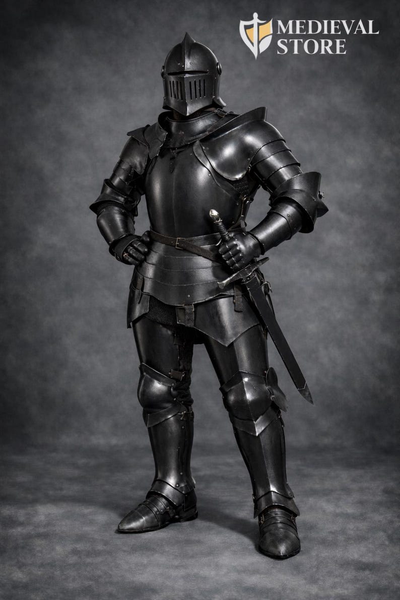 May include: Full suit of black medieval armor, including a helmet, chest plate, and leg guards. A sword is held at the side. The Medieval Store logo is visible in the upper right corner.