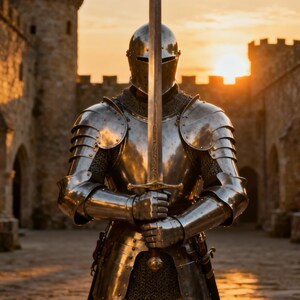 May include: A knight in full plate armor stands holding a long sword, reflecting the sunset. The armor is highly detailed, with articulated plates and chainmail. A medieval castle forms the backdrop, with stone walls and towers.