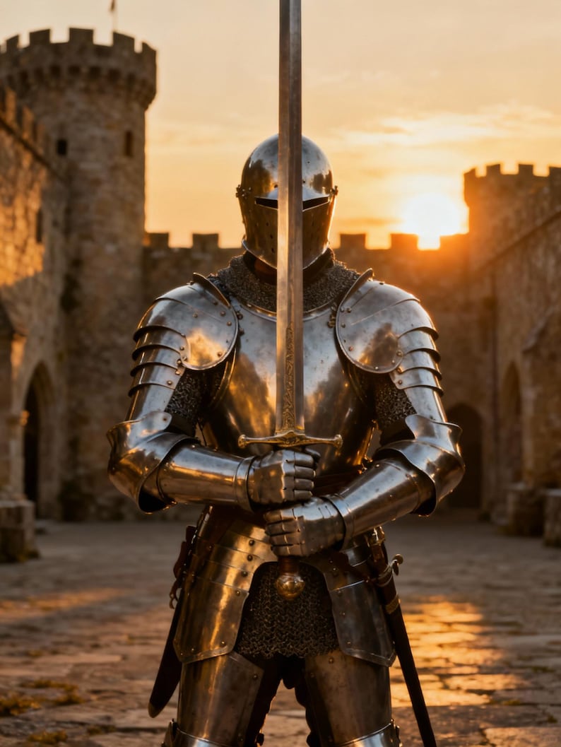 May include: A knight in full plate armor stands holding a long sword, reflecting the sunset. The armor is highly detailed, with articulated plates and chainmail. A medieval castle forms the backdrop, with stone walls and towers.