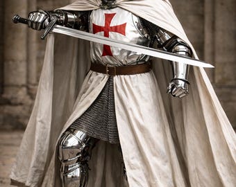 Templar Knight Full Plate Armor with White Cape | Mirror Polish Medieval Crusader Armor | Gothic Medieval Mart