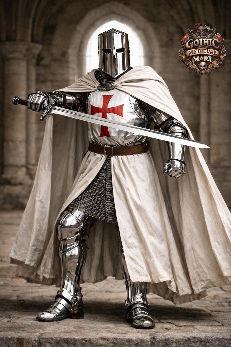 May include: A knight in full plate armor, holding a long sword. The armor is highly polished, reflecting the light. A white cape is draped over the shoulders. The chest plate features a red cross. The image is set against a stone background.