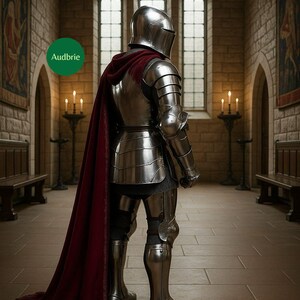 May include: A full suit of polished steel armor with a burgundy cape. The knight stands in a stone hall with arched windows and candlelit sconces. The word "Audbrie" is in a green circle.