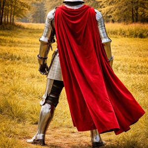 May include: A knight in full armor, viewed from the back, stands in a field of golden grass. The knight wears a silver helmet and polished metal armor, with a flowing red cape. The scene is set in a forest with trees.