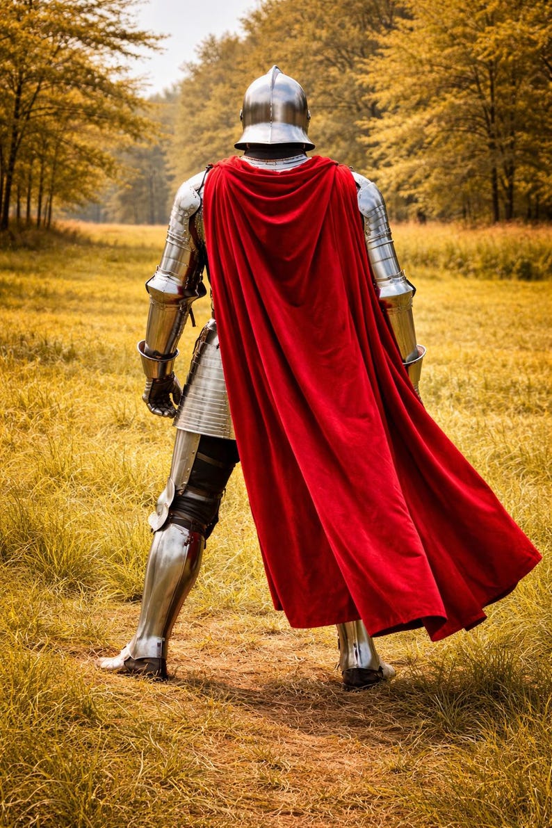 May include: A knight in full armor, viewed from the back, stands in a field of golden grass. The knight wears a silver helmet and polished metal armor, with a flowing red cape. The scene is set in a forest with trees.