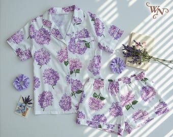 Floral Print Pajamas Hydrangea Print Short Pajamas Rayon Pjs Women Hydrangea Pajama Set Women Matching Pajamas Bridesmaid Pjs Gift for Her