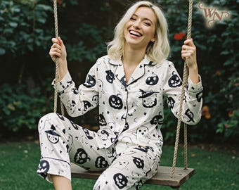 Customized Halloween Pajama Set Halloween Outfit Family Matching Long Sleeve Pant Pumpkin Pjs Custom Pjs Night Ware Pajamas Happy Halloween