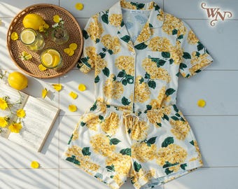 Women Hydrangea Pajama Set Floral Print Pajamas Hydrangea Print Short Pajamas Rayon Pjs Women Matching Pajamas Bridesmaid Pjs Gift for Her