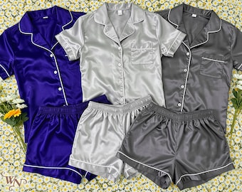 Seidiger Satin Pyjama Set Brautjungfer & Brautgeschenk | Satin Nachtwäsche für Frauen Klassische Seidige Pyjamas Hochzeit Pyjamas Geschenke für ihre Brautmode