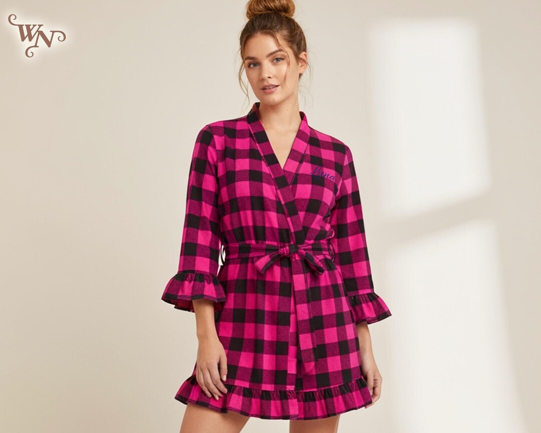 Ladies Robe With Ruffles Personalized Plaid Flannel Ruffle Robe | Ruffle Bathrobe for Women ...