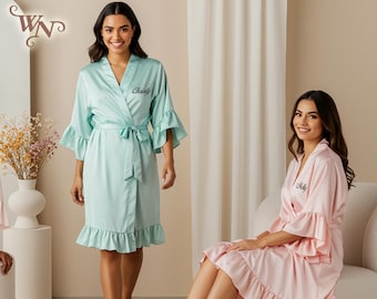 Batas de dama de honor con volantes, batas de novia de satén, batas de dama de honor, batas personalizadas, batas de boda a juego, batas de talla grande, batas personalizadas