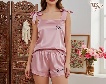 Custom Cami Tie Knot and Shorts Satin Pj Sets Personalized Cami set Bride Camisole Shorts Pajama Set Bridesmaids Gifts Bridal Wedding Gifts