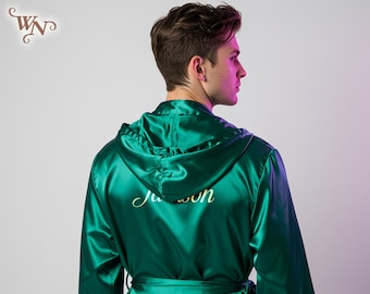 Personalized men's Robes Custom Hooded Satin Robes with Boxer Groomsmen Robes Gift for Him Honeymoon Gift for Groom Robe with Hoodie