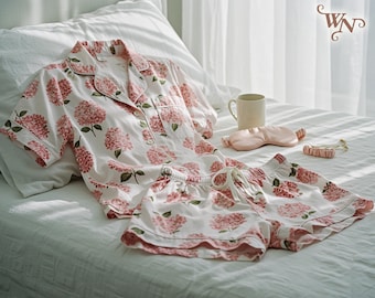 Hydrangea Print Short Pajamas Floral Print Pajamas Rayon Pjs Women Hydrangea Pajama Set Women Matching Pajamas Bridesmaid Pjs Gift for Her