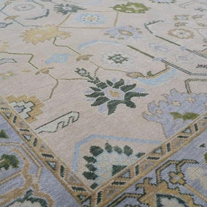 Beautiful Oushak Rug in Beige and Blue with Green Hand Knotted Wool Rug for Living Room Rug and Home Decor in 8x10,9x12 Area Rug.