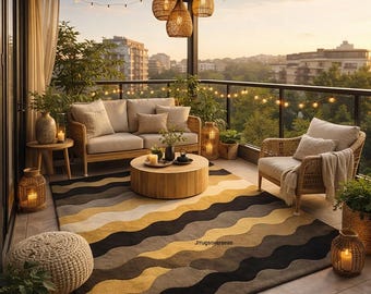 Modern Abstract Tufted Rug | Black Gold Wave Pattern Carpet | Handmade Luxury Area Rug | Living Room Bedroom Home Decor.