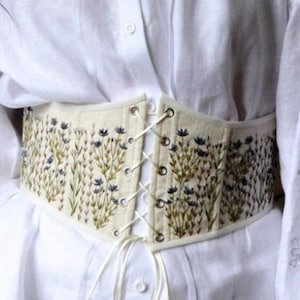 Custom embroidered wide corset belt, waist belt corset, underbust corset, vintage corset top, plus size corset, custom ren fairy corset