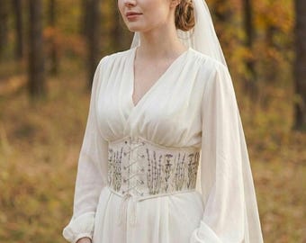 Wedding Underbust Linen Corset Embroidered Romantic Cottagecore Bridal Corset Belt, Edwardian Renaissance Style, Custom Plus Size