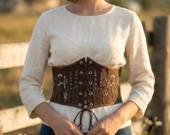 Corset de linho com cinto, top corset bordado estilo cottagecore, look rústico campestre, tamanho personalizado, presente plus size para ela